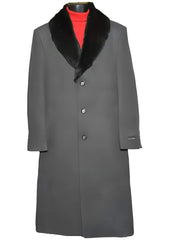 Men's Wool Overcoat with Fur Collar, Charcoal Gray, Ankle Length - Winter Dress Coat