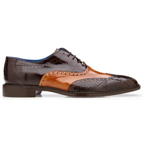 Men's Genuine Alligator & Eel Leather Wingtip Dress Shoes - Chocolate Brown/Tan - Belvedere Varo