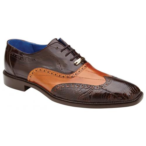 Men's Genuine Alligator & Eel Leather Wingtip Dress Shoes - Chocolate Brown/Tan - Belvedere Varo