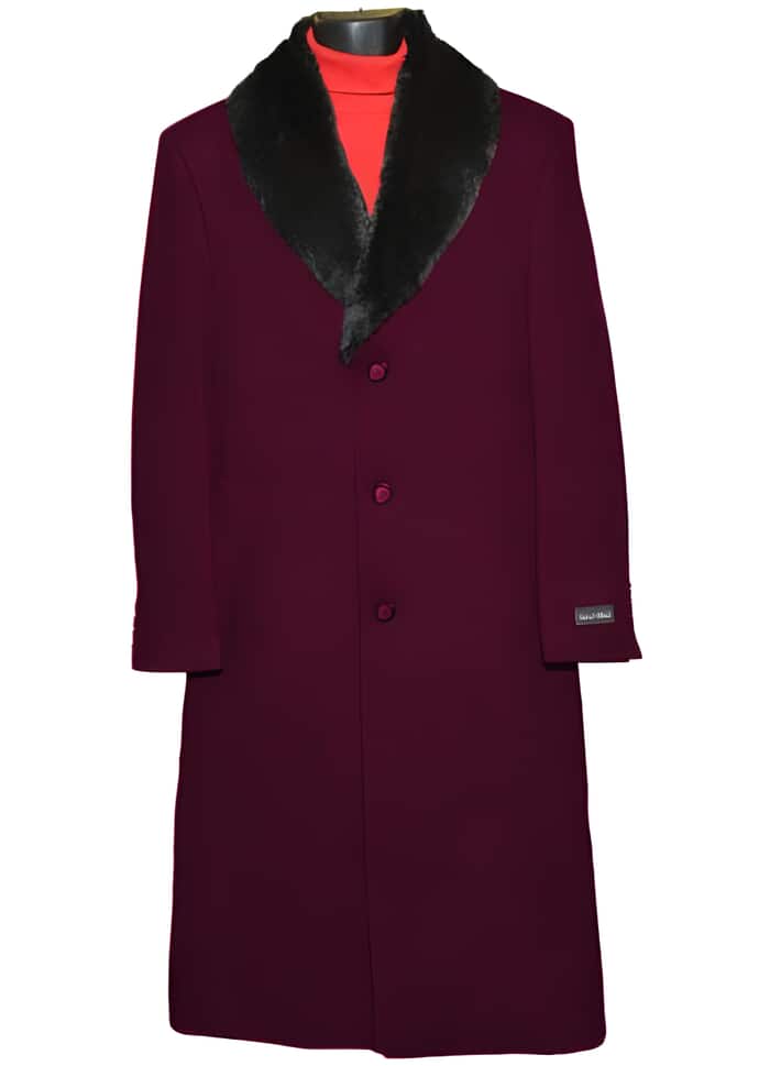 Men's Burgundy Wool Overcoat - Ankle-Length Winter Dress Coat - 95% Wool