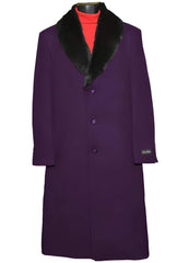 Men's 3/4 Length Dress Coat - Removable Fur Collar Overcoat - Dark Purple Winter Topcoat (34" Long)