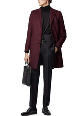 Men's Cashmere Wool Blend Overcoat - Long Winter Dress Coat - Formal Dark Red