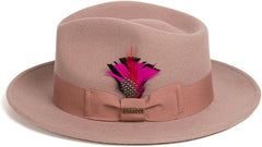 Men's Crushable Wool Fedora Hat - Dusty Pink with Removable Feather