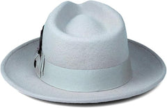 Men's Crushable Wool Fedora Hat - Sky Blue - Australian Wool - Feather Accent