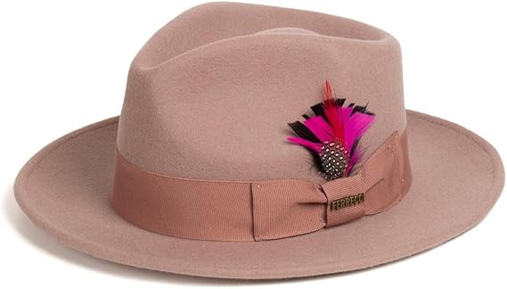 Men's Crushable Wool Fedora Hat - Dusty Pink with Removable Feather