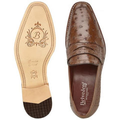 Men's Ostrich Leather Penny Loafers - Belvedere Espada Tabac Quill Detail