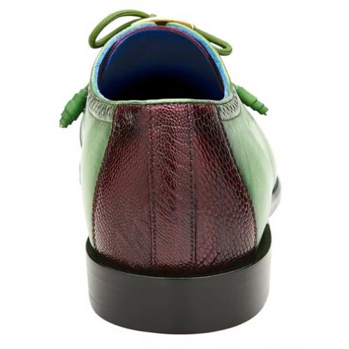 Men's Exotic Ostrich Leg Leather Dress Shoes, Emerald Green & Wine, Italian Calfskin, Belvedere Etore