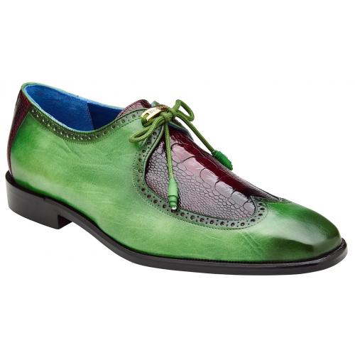 Men's Exotic Ostrich Leg Leather Dress Shoes, Emerald Green & Wine, Italian Calfskin, Belvedere Etore