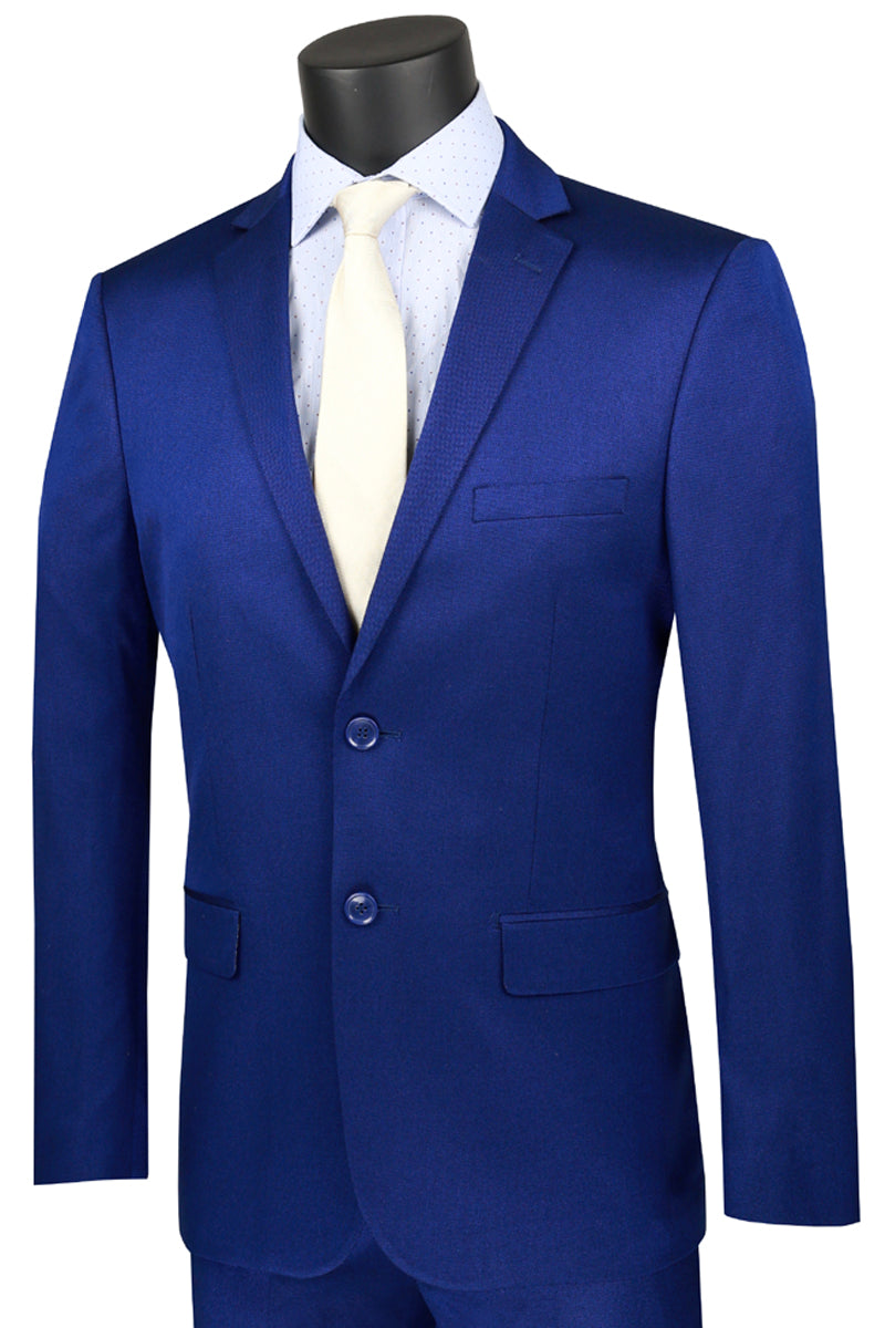 Men's Slim Fit Shiny Blue Suit: Satin Sharkskin Dress Suit for Weddings & Proms