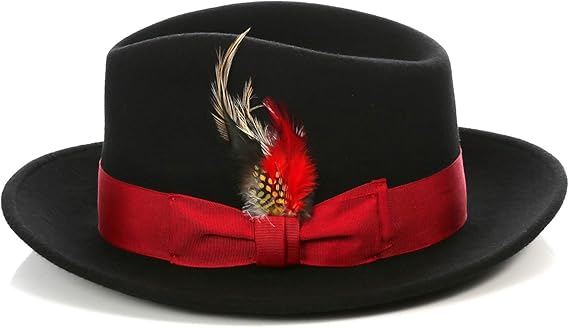 Men's Wool Fedora Hat - 100% Australian Wool - Black/Red with Removable Feather