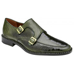 Men's Green Ostrich Leg Leather Monk Strap Dress Shoes