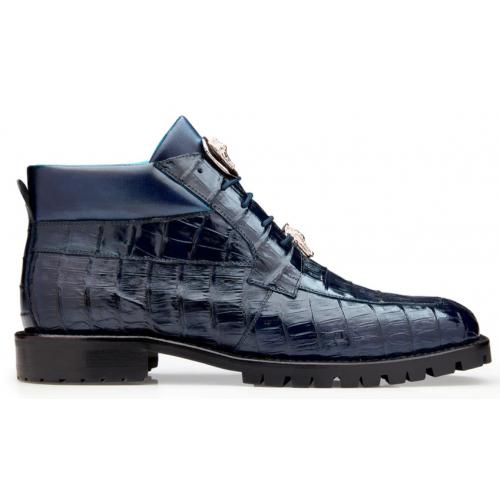 Men's Navy Blue Crocodile Leather Ankle Boots with Lug Sole