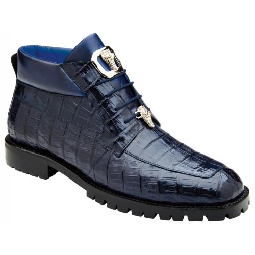 Men's Navy Blue Crocodile Leather Ankle Boots with Lug Sole