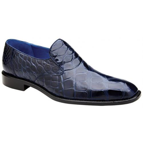 Men's Navy Blue Alligator Loafers - Genuine Leather Slip-On Dress Shoes - Belvedere Genova