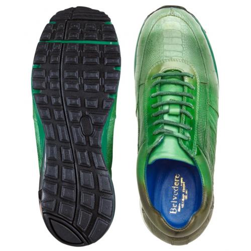 Genuine Ostrich Leg Sneakers: Green Belvedere George Exotic Leather Men's Shoes