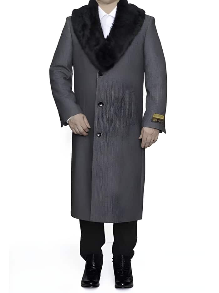 Vintage Men's Herringbone Wool Overcoat (1920s-1940s Style) - Gray, Full Length, Removable Fur Collar