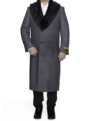 Vintage Men's Herringbone Wool Overcoat (1920s-1940s Style) - Gray, Full Length, Removable Fur Collar