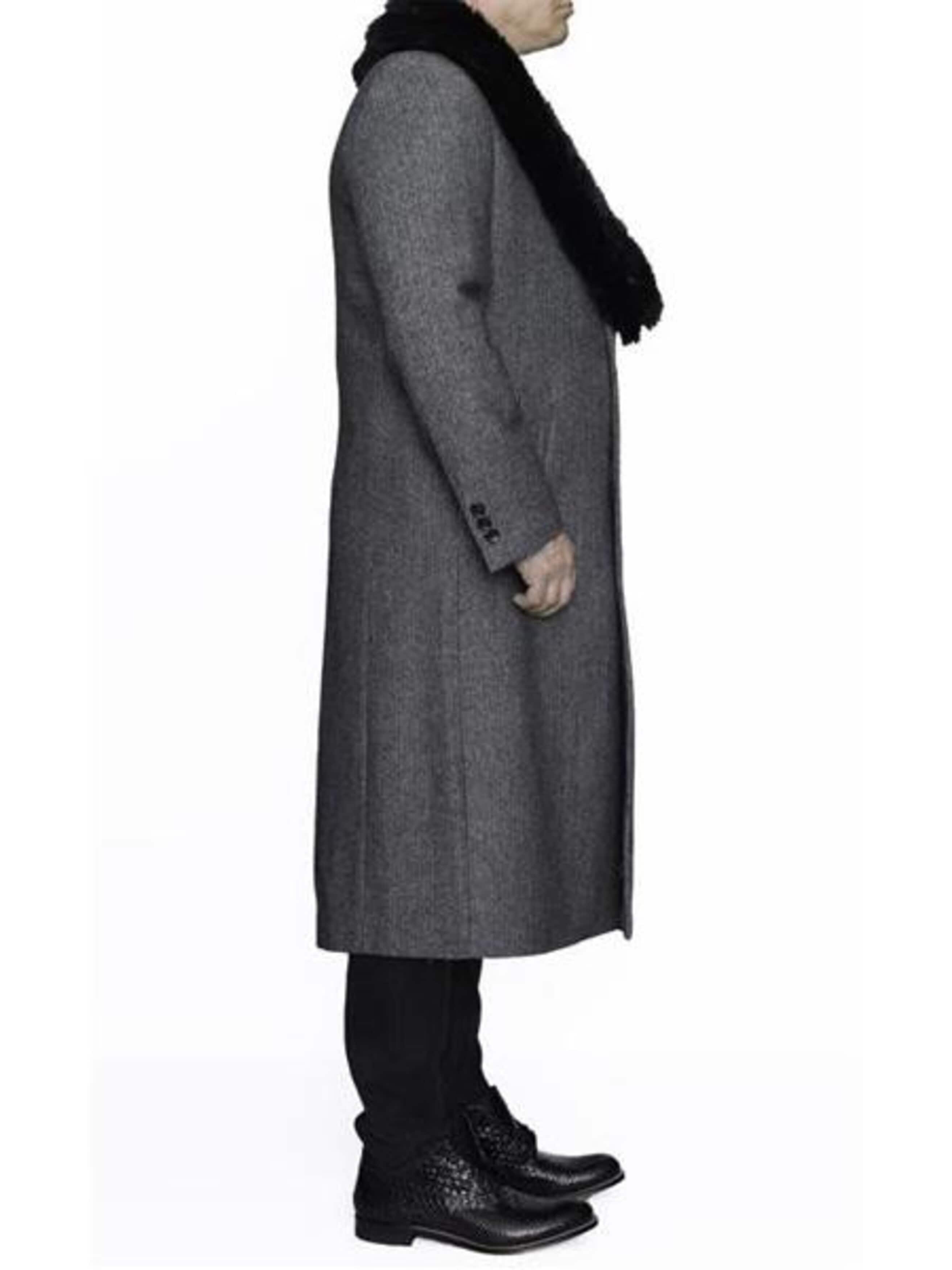 Vintage Men's Herringbone Wool Overcoat (1920s-1940s Style) - Gray, Full Length, Removable Fur Collar