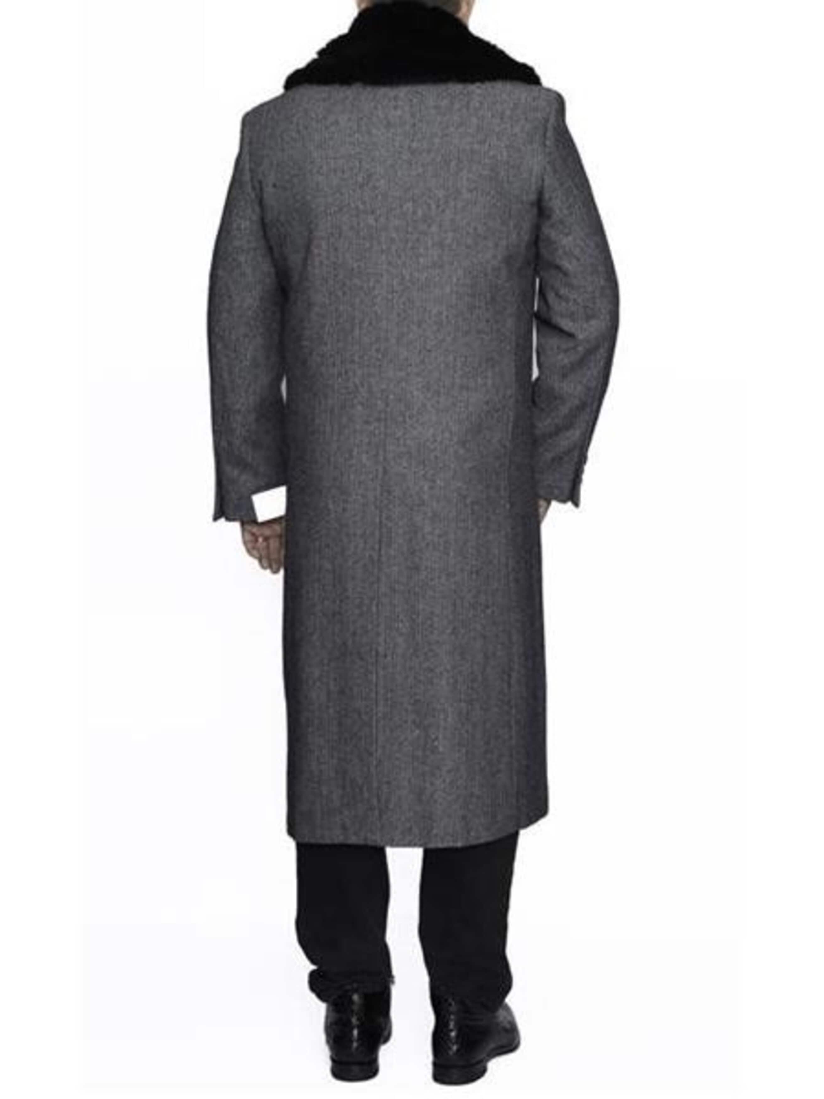 Vintage Men's Herringbone Wool Overcoat (1920s-1940s Style) - Gray, Full Length, Removable Fur Collar