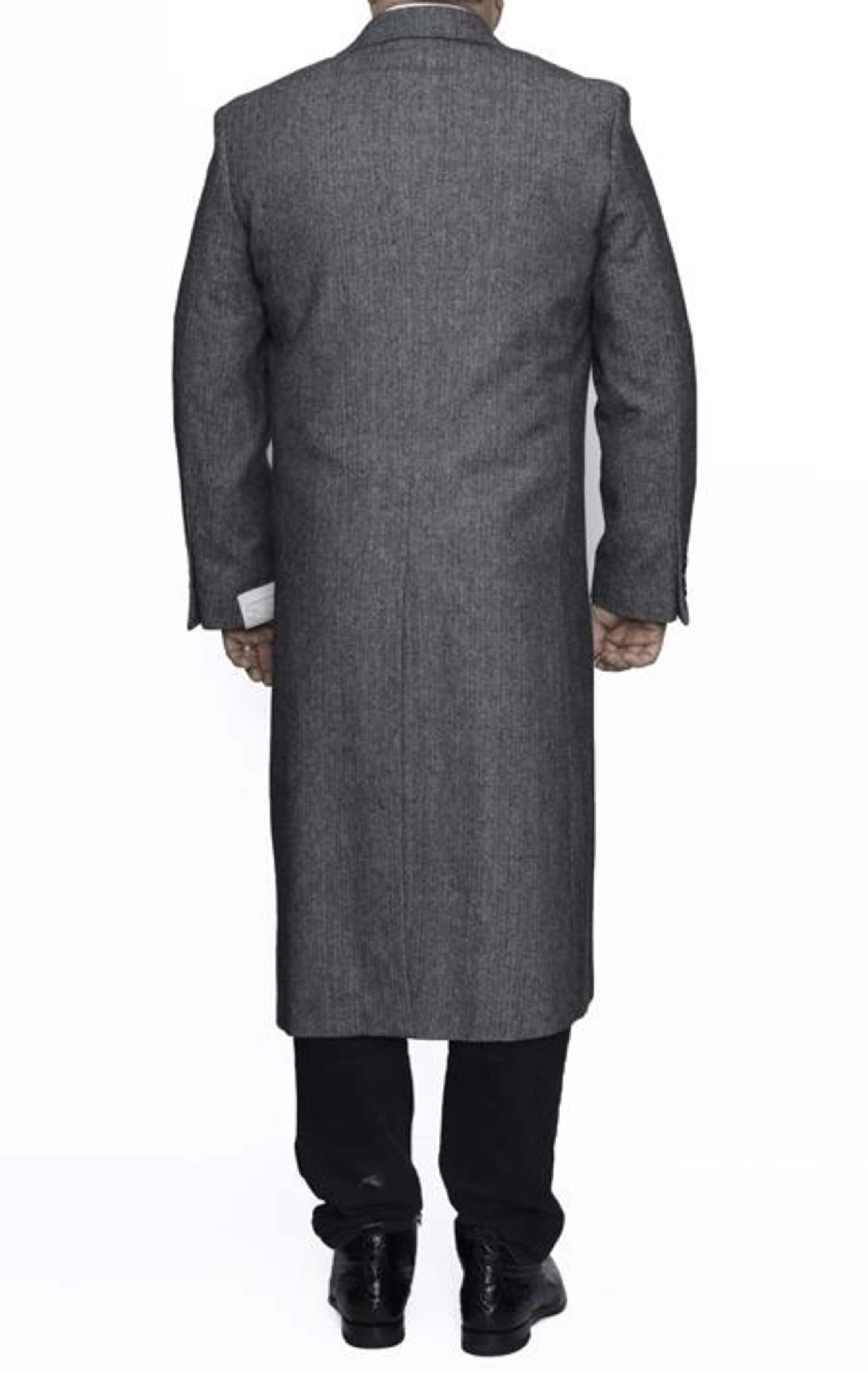 Men's Grey Herringbone Overcoat - Full Length Top Coat