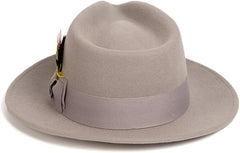 Men's Wool Fedora Hat - Crushable, Feather Accent, Light Grey