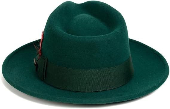 Men's Wool Fedora Hat - Crushable, Hunter Green - with Removable Feather