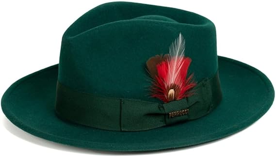 Men's Wool Fedora Hat - Crushable, Hunter Green - with Removable Feather