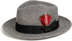 Men's Wool Fedora Hat - Crushable, Feather Accent, Gray Melange