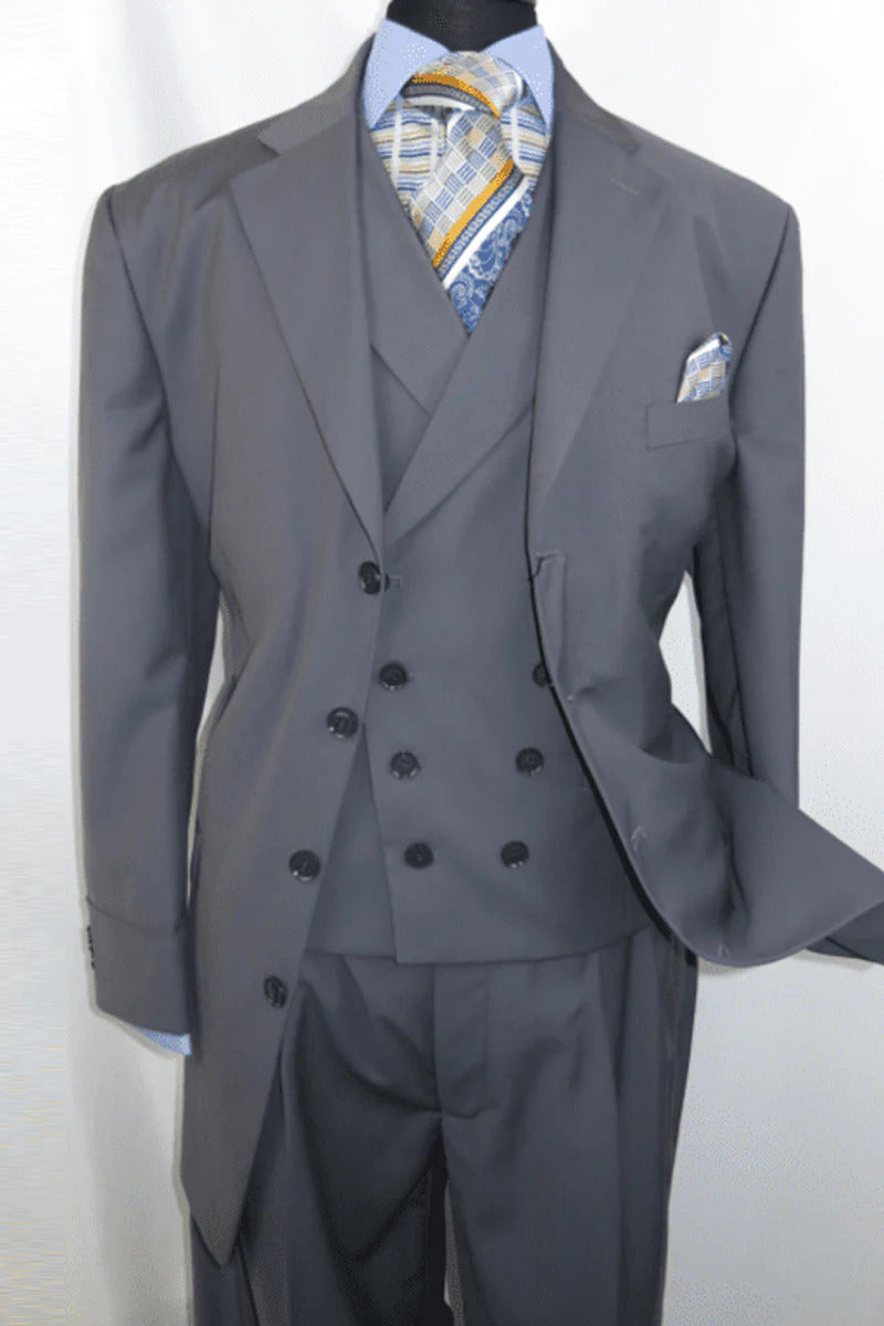 Men's Grey Double Breasted Suit Vest - Slim Fit 4 Button Formal Waistcoat