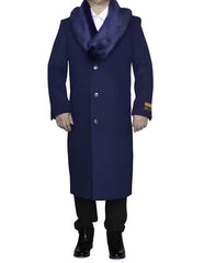 Men's Indigo Blue Wool Winter Coat with Removable Fur Collar | Ankle-Length Overcoat