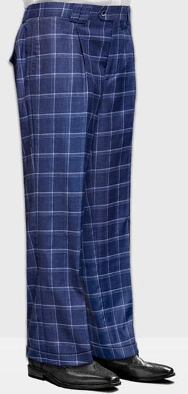 Men's Indigo Plaid Wool Wide Leg Pants: Relaxed Fit Baggy Trousers