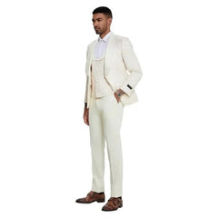 Men's Ivory 3-Piece Suit Slim Fit Wedding Groom Prom Formal Tuxedo Shiny Floral 2024