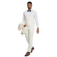 Men's Ivory 3-Piece Suit Slim Fit Wedding Groom Prom Formal Tuxedo Shiny Floral 2024