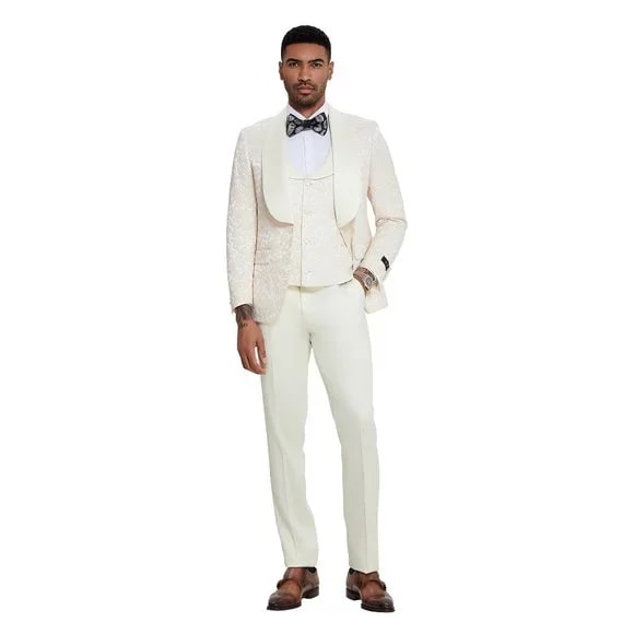 Men's Ivory 3-Piece Suit Slim Fit Wedding Groom Prom Formal Tuxedo Shiny Floral 2024