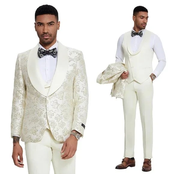 Men's Ivory 3-Piece Suit Slim Fit Wedding Groom Prom Formal Tuxedo Shiny Floral 2024