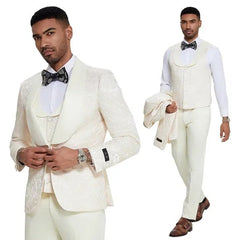 Men's Ivory Paisley Tuxedo Suit 3 Piece Slim Fit Wedding Groom Prom 2024 by Tazzio