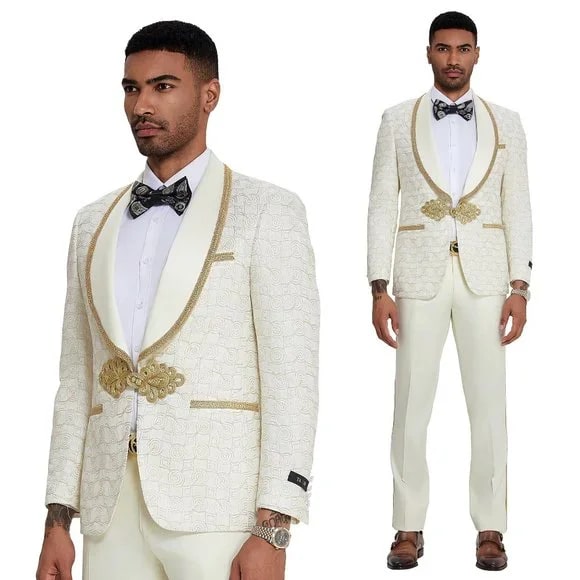 Men's Ivory and Gold Wedding Suit 2 Piece Slim Fit Tuxedo 2024 Prom Groom