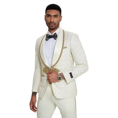 Men's Ivory and Gold Wedding Suit 2 Piece Slim Fit Tuxedo 2024 Prom Groom