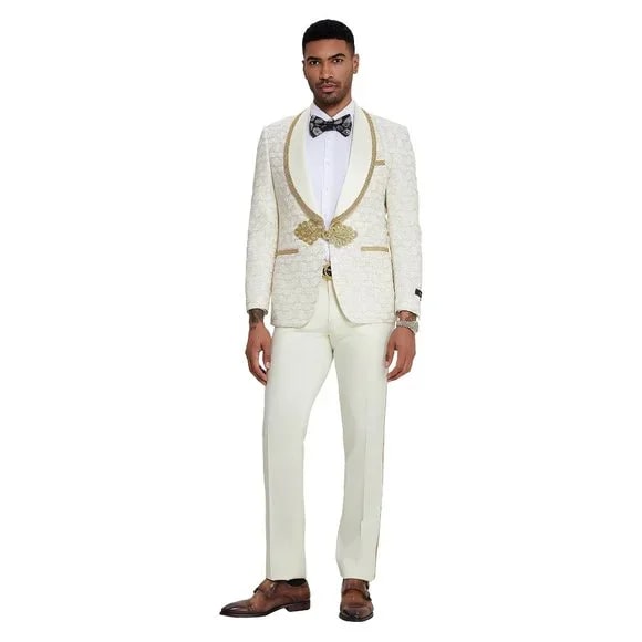 Men's Ivory and Gold Wedding Suit 2 Piece Slim Fit Tuxedo 2024 Prom Groom