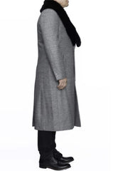 Men's Wool Overcoat with Removable Faux Fur Collar - Light Grey Ankle-Length Top Coat