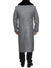 Men's Wool Overcoat with Removable Faux Fur Collar - Light Grey Ankle-Length Top Coat