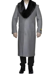 Men's Wool Overcoat with Removable Faux Fur Collar - Light Grey Ankle-Length Top Coat