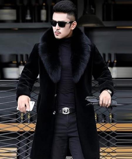 Men's Black Faux Fur Coat - Long, Luxurious & Warm Winter Jacket