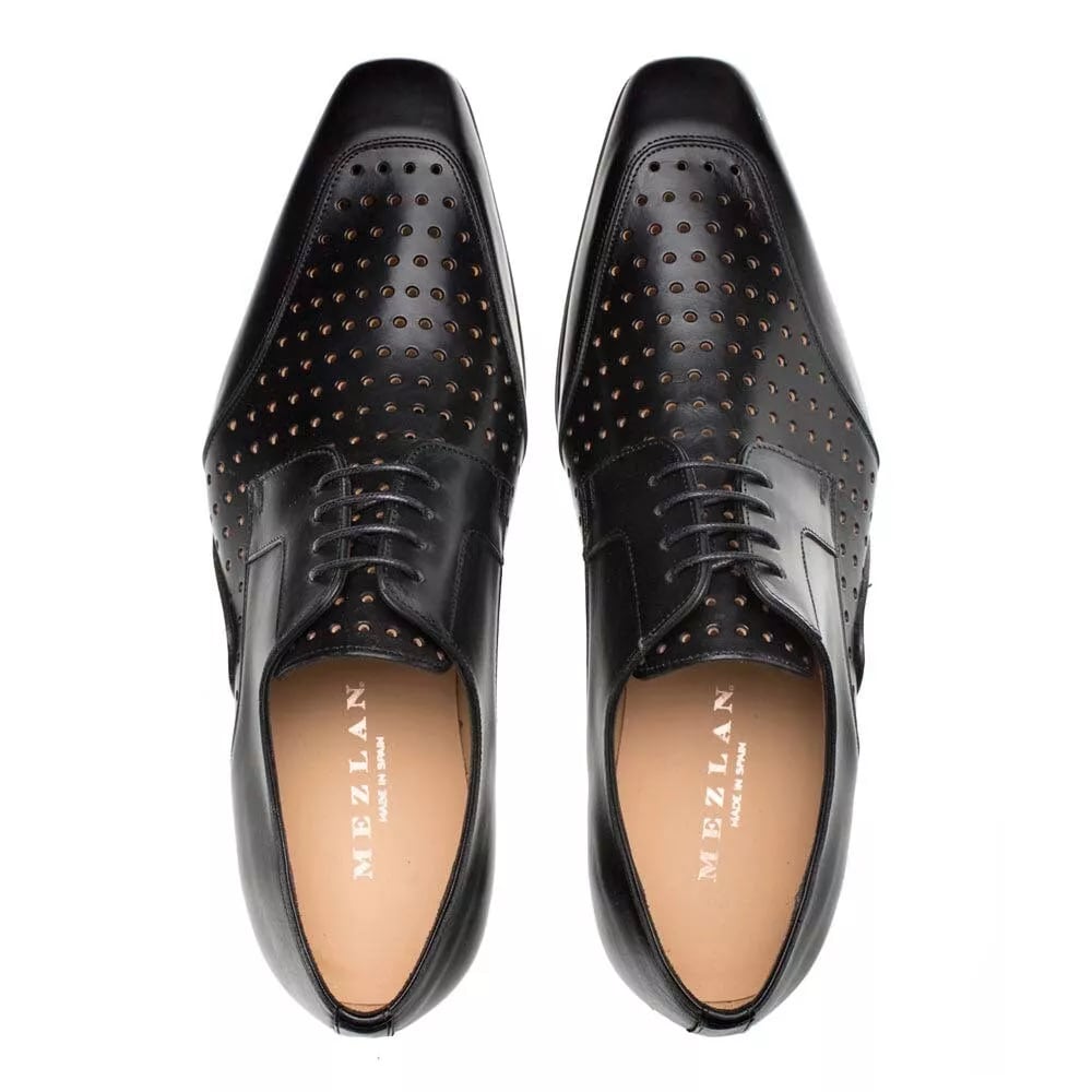 Men's Black Leather Derby Shoes: Perforated Calfskin Dress Shoes by Mezlan