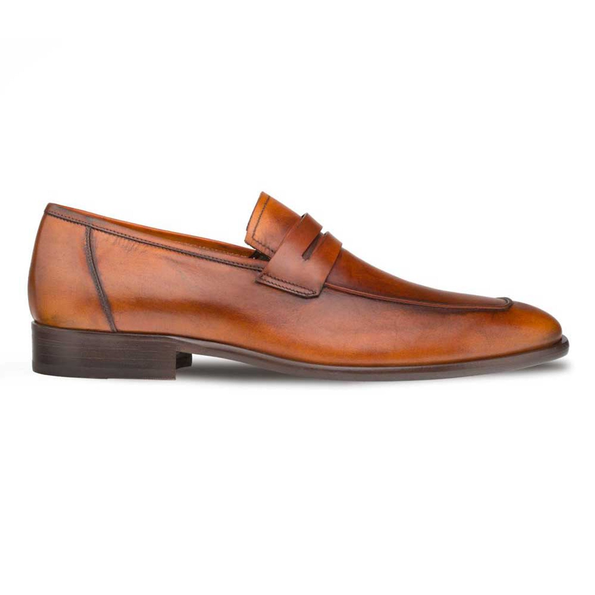 Men's Cognac Leather Penny Loafers - Mezlan Burnished Calfskin Slip-On Dress Shoes