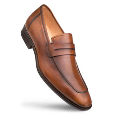 Men's Cognac Leather Penny Loafers - Mezlan Burnished Calfskin Slip-On Dress Shoes