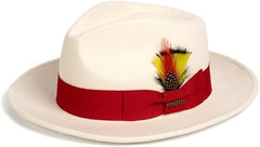 Mens Wool Fedora Hat - Crushable, White & Red with Removable Feather