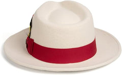 Mens Wool Fedora Hat - Crushable, White & Red with Removable Feather