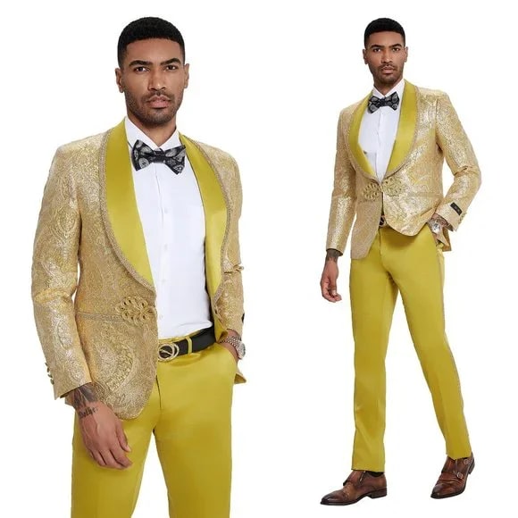 Tazzio Men's 2-Piece Paisley Prom Suit Mustard Slim Fit 2024