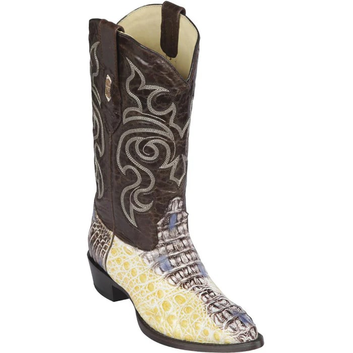 Men's Natural Caiman Hornback J-Toe Cowboy Boots: Genuine Leather Western Dress Boots - Los Altos